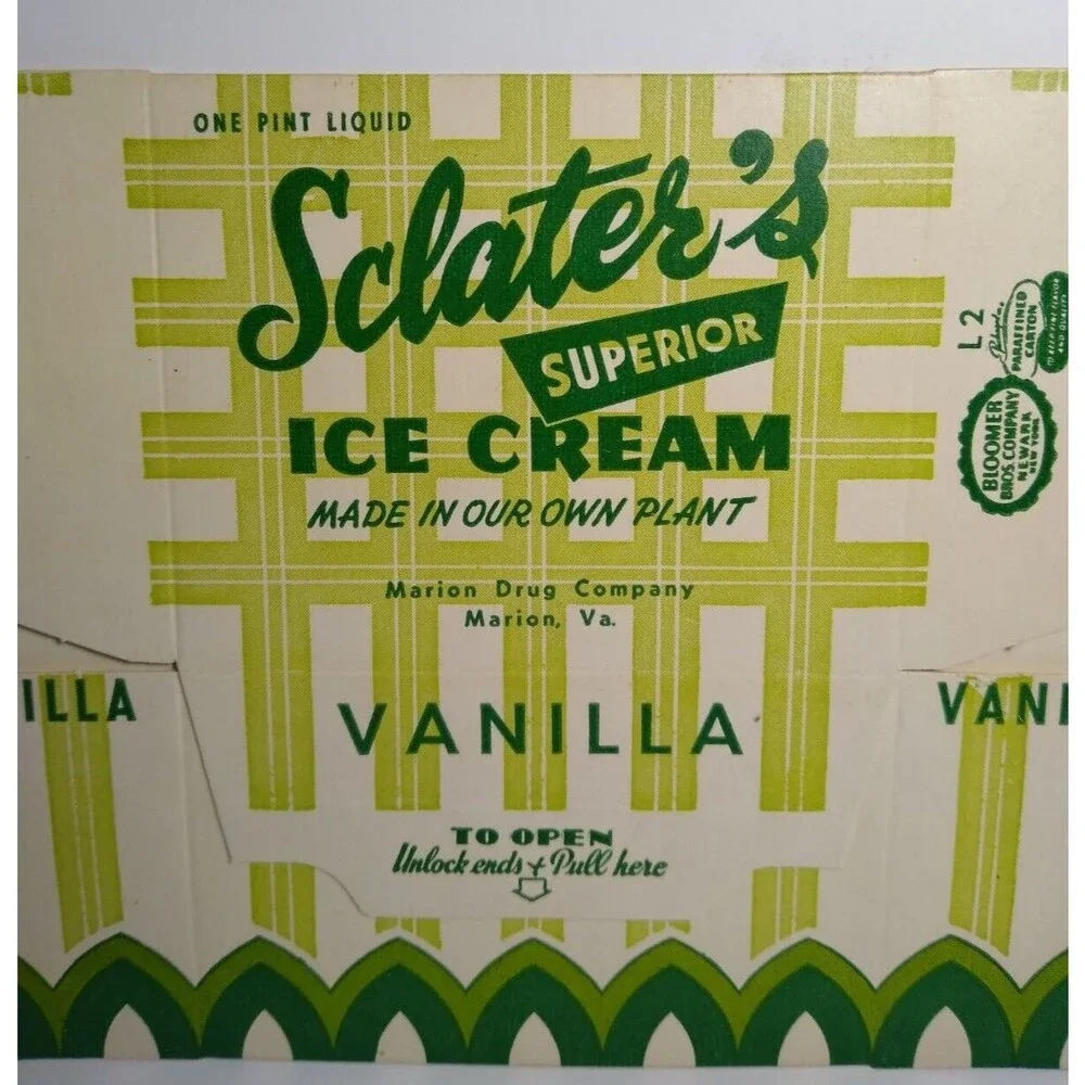 Sclater's Superior Ice Cream Vintage NOS Wax Pint Cardboard Container Marion VA